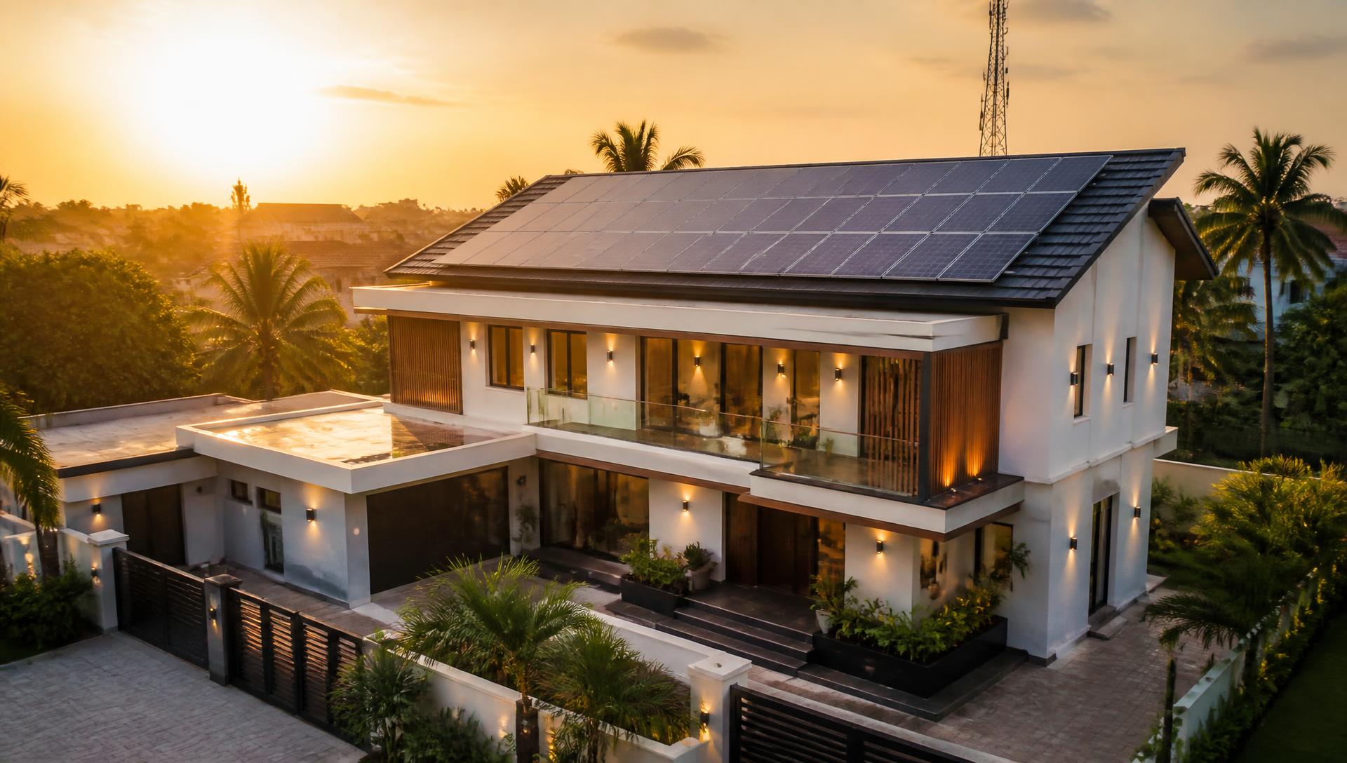 Premium home with rooftop solar installation at sunset